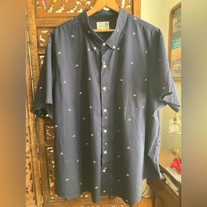 Bonobos navy blue short sleeve, pink abstract pattern, prominent fit